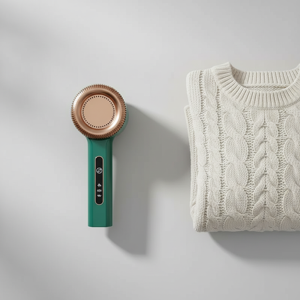 Green lint remover flat lay next to folded knit sweater