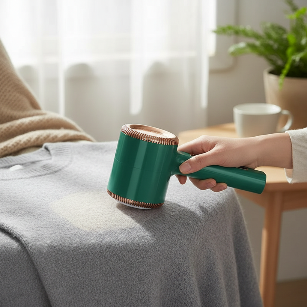 Woman using green electric lint remover on grey wool sweater
