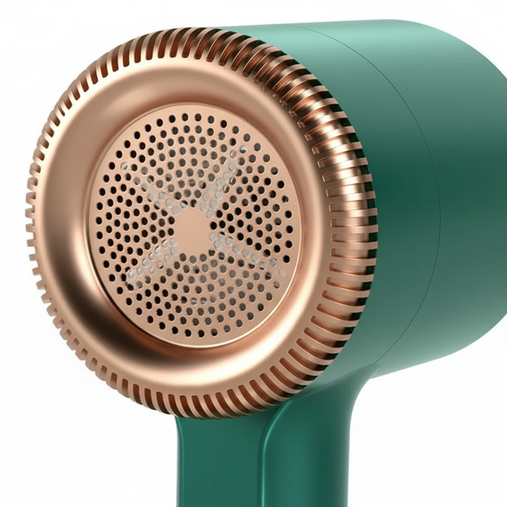 Close-up of electric lint remover stainless steel blade mesh